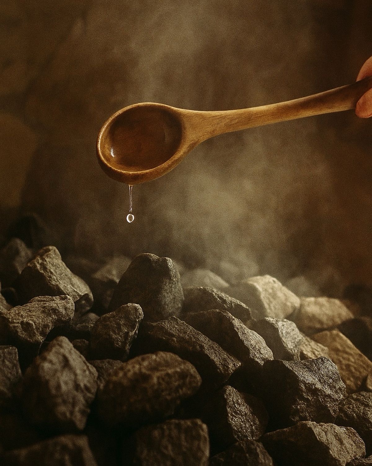 Steam rising over hot sauna stones